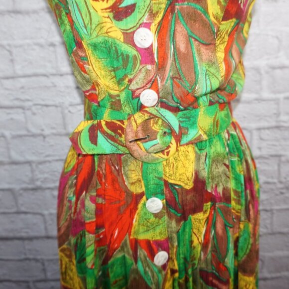 Vintage 80s Leaf Button Down Belted Midi Dress Medium - Picture 2 of 12